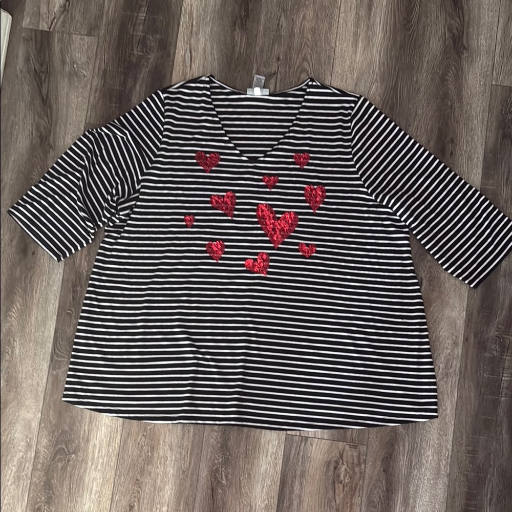 Catherines Black and White Striped Top with Red Heart Accents